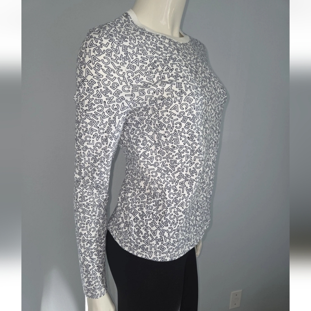 CHANEL White Logo Sequin Long Sleeve Cotton T-Shirt 34 S